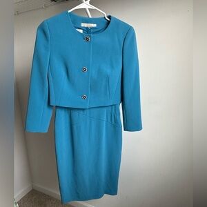 Hobbs London Teal Two-Piece Skirt Suit with Jeweled Button